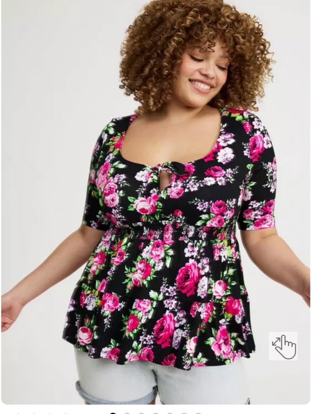 torrid Black Floral Tie-Front Scoop Tunic with Pink Roses
